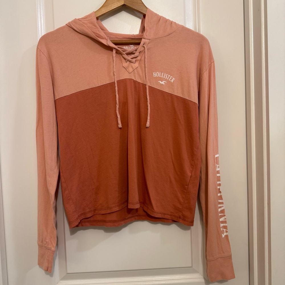 Hollister colorblock tie front Hooded long sleeve Tshirt sz S Pink Terracotta